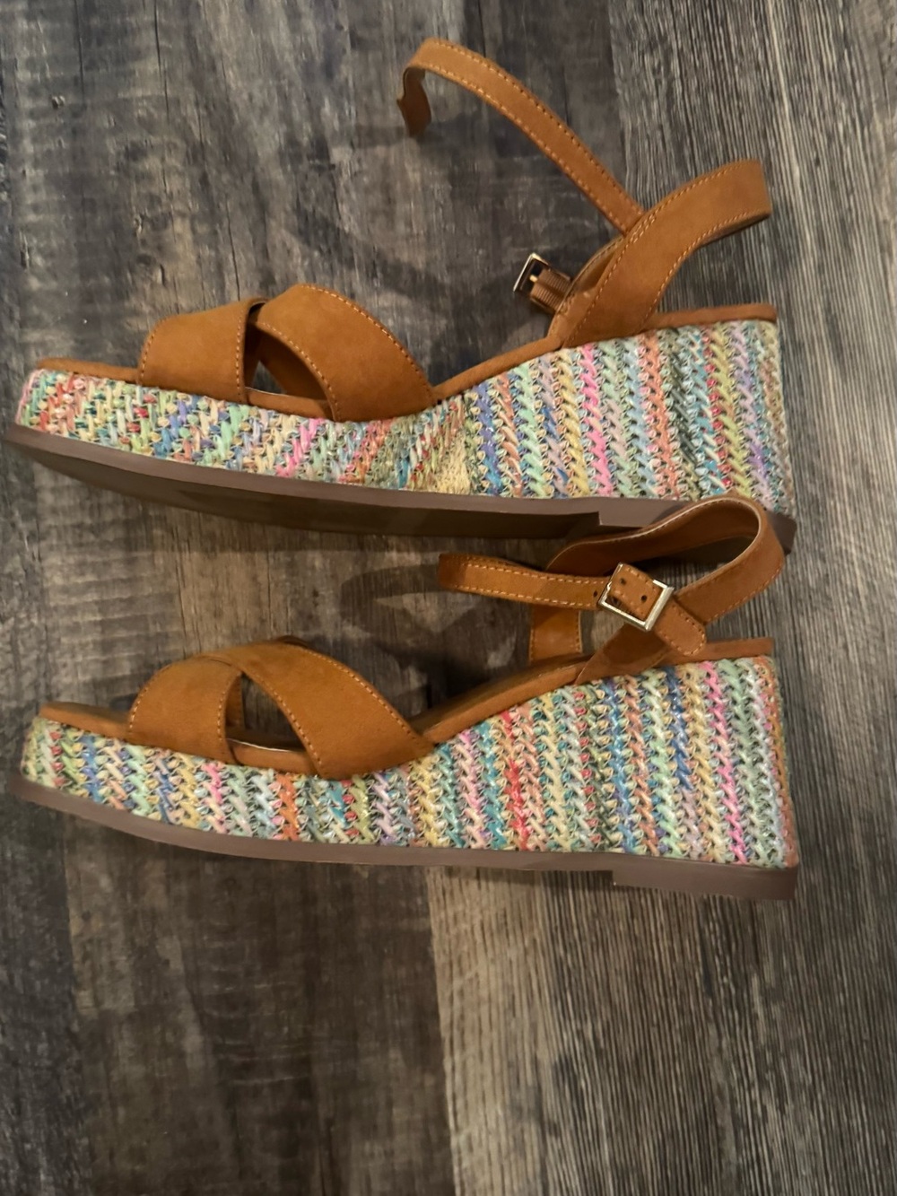 Tan Suede Wedge Sandals with Multicolor Raffia Platform